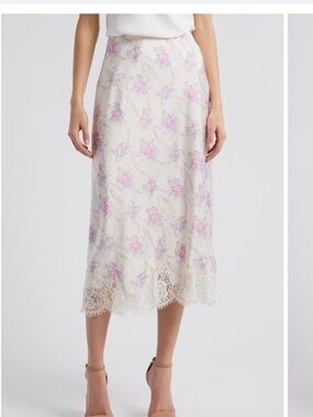 LoveShackFancy Cream Midi Skirt with Pink Floral Print and Lace Hem